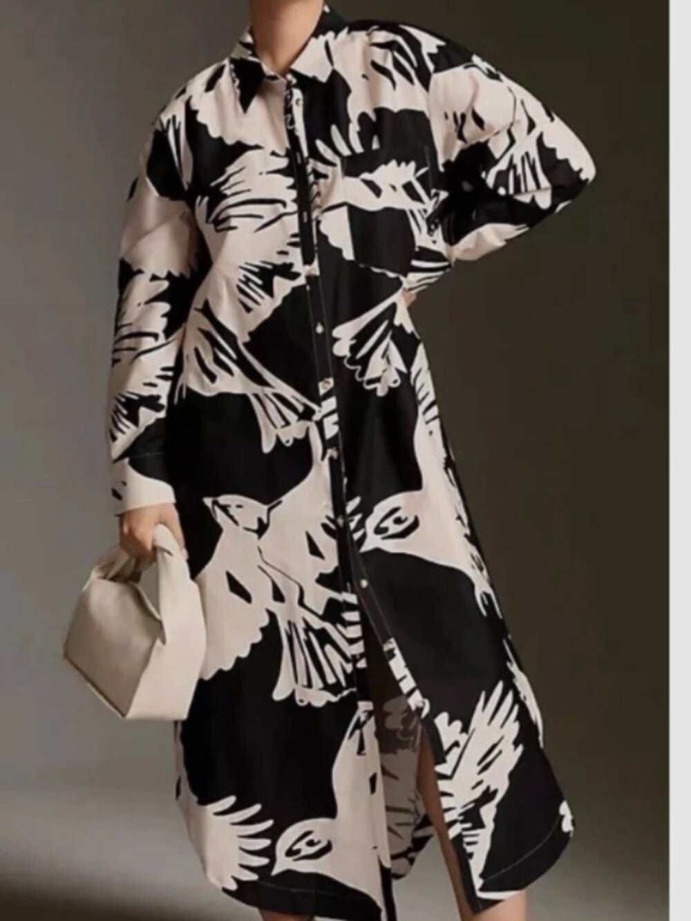 Anthropologie Maeve Women Bird Print Soren Midi Shirt Dress, Black White, Size S - Picture 2 of 8